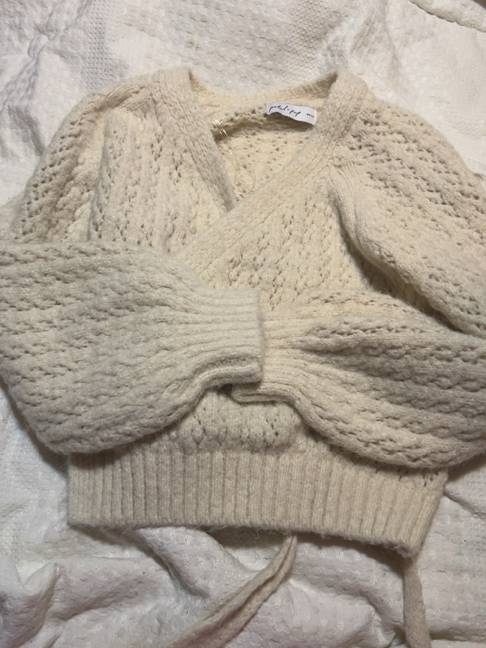 Boutine LA Cream Cable Knit V-Neck Wrap Sweater